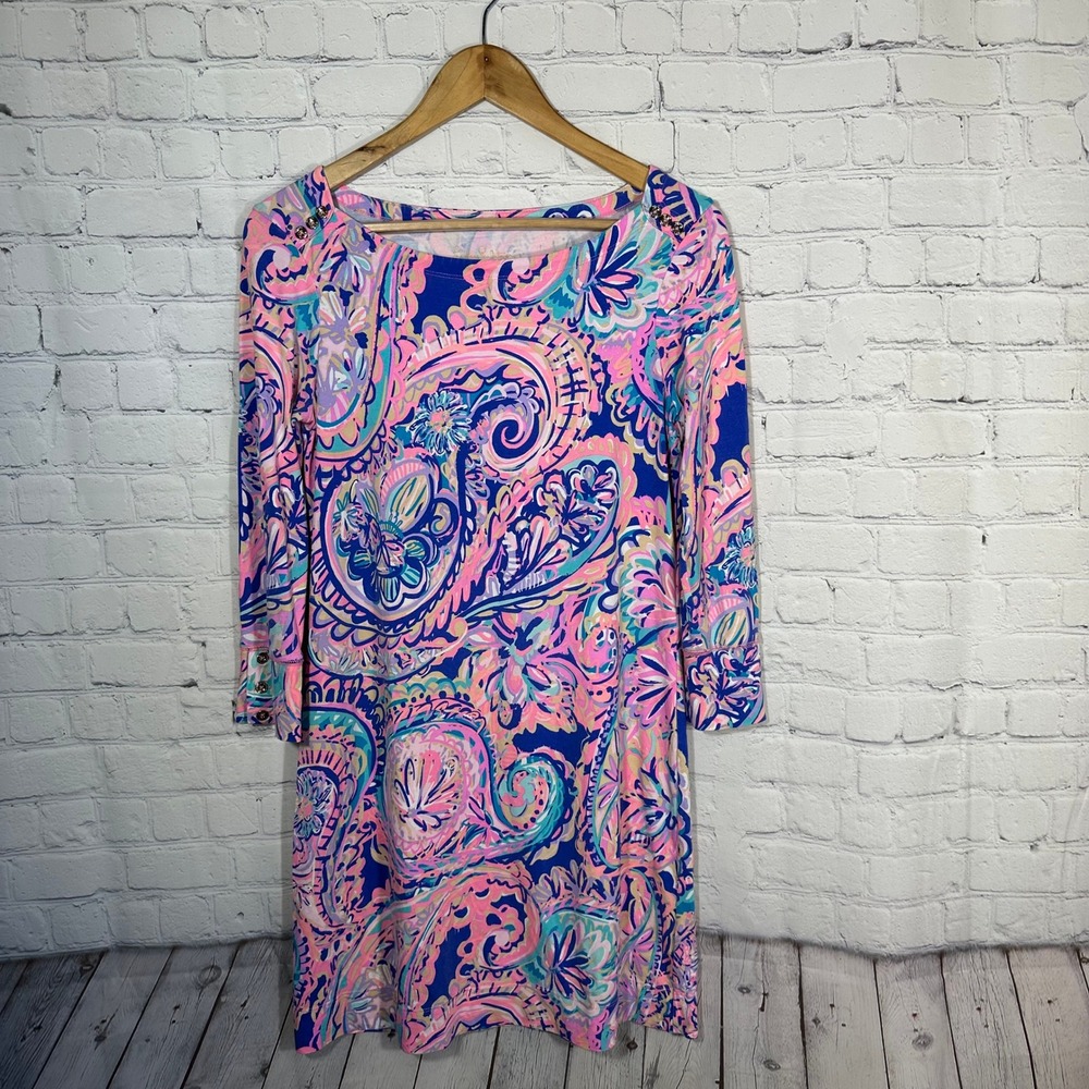 Lilly Pulitzer Sophie Dress Multi Paisley Boat Neck 3/4 Sleeve Gold Button 17412